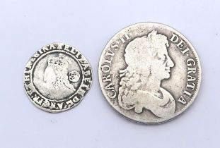 Charles II crown 16** and an Elizabeth I sixpence 1582 (2) Condition Report:Available upon request