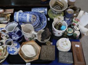 A Carlton Ware pot and cover, a printers block, Glasgow jugs, assorted blue and white transfer