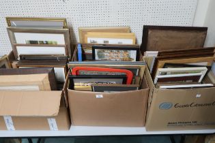 A large lot of six boxes of assorted framed artworks etc  Condition Report:Available upon request