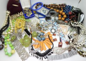 An EPNS belt, vintage clip on sunglasses, a painted horn bangle, beads, brooches and other items