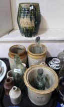 A Scottish flour storage jar (no lid), assorted stoneware jars, a Crown Mineral Water Alexandria