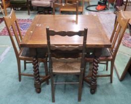 A lot comprising 20th century oak pull out dining table with barley twist supports, 80cm high x 92cm