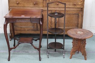 A lot comprising 20th century mahogany occasional table on cabriole supports joined by crossed