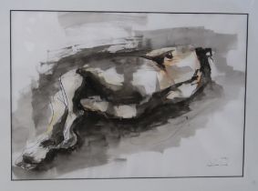 WILLIAM REID (SCOTTISH CONTEMPORARY)  NUDE LYING ON THE FLOOR  Watercolour and ink on paper,