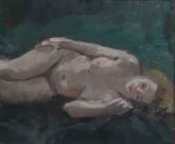 DELNY GOALEN (SCOTTISH 1932-2023)  RESTING  Oil on canvas, signed lower left, 23 x 30cm  Title