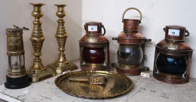 A mixed lot to include copper and brass miniaturised ships lanterns, brass miners lantern, pair of