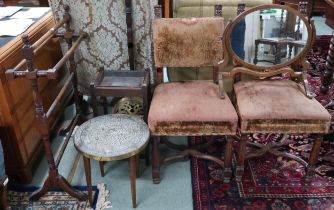 A lot comprising pair of 19th century oak framed chairs, Victorian towel rail, oval dressing mirror,