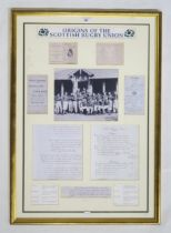 A framed photographic and documentary display titled Origins of the Scottish Rugby Union, no. 56