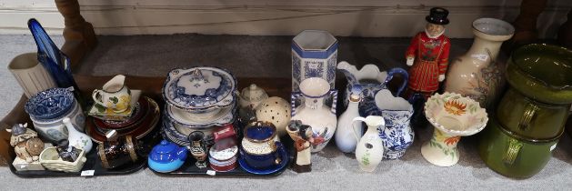 A collection of decorative ceramics including blue and white, a Carlton Ware Beefeater Yeoman figure
