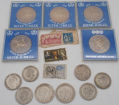 GEORGE V half crown and one florin coins together with Elizabeth II silver jubilee crowns