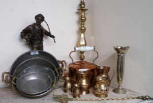 A mixed lot to include spelter figure, brass table lamp, four graduating copper pans with tinned