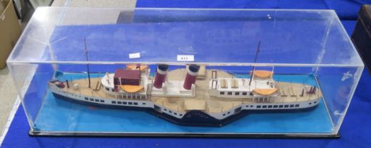 A model of a side-wheeler paddle steamer, housed in a Perspex case measuring approx. 83cm x 25cm x