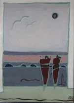 COLIN KERR (CONTEMPORARY SCHOOL)  STUDIES OF STYLISH FIGURES BY THE SEA  Gouache, signed lower