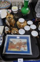 A gilt coffee set, assorted crystal, a pair of cork pictures and other items Condition Report:No