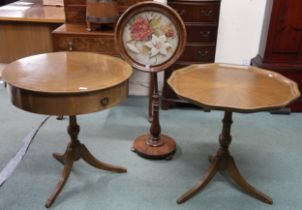 A lot comprising 20th century drum top occasional table, 74cm high x 72cm diameter, scalloped