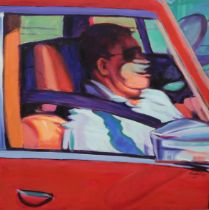 CLIFF HANLEY (SCOTTISH 1948-2021)  LAFFING AT SPEED  Oil on canvas board, signed lower right,