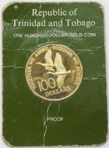 Republic of Trinidad and Tobago One Hundred Dollar Gold Coin 1976. Obverse-coat of arms of