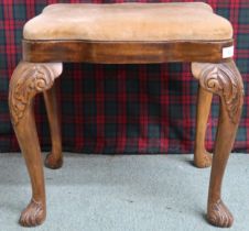A 20th century mahogany framed stool with velour seat on carved cabriole supports, 49cm high x