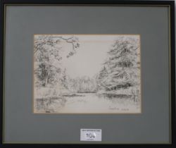 WILLIAM CROSBIE (SCOTTISH 1915-1999)  RIVERSCAPE  Ink on paper, signed lower right, dated (19)86, 14