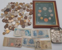A small collection of three penny coins with together with a Victorian shilling, Great Britain The