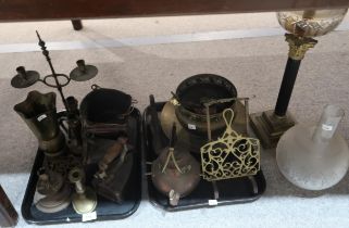 A brass oil lamp of column form, assorted brass including a trivet, irons, etc Condition Report:No