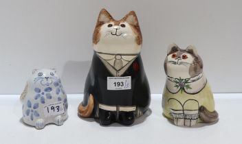 Two Joan and David De Bethel, Rye ceramic cats, one dated 1987 together with a Burnham pottery cat