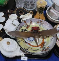 A brass hanging model of a gull, a tube line decorated vase, a Chinese enamelled dish, a white