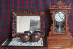 A lot comprising 20th century Anglo-Indian style framed wall mirror, lace inset serving tray, set of