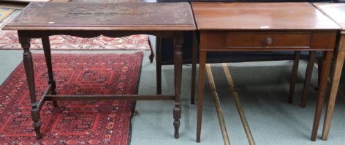 A lot comprising oak hall table with carved Gothic style rectangular top on turned support joined by