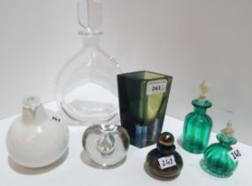 A Kaj Franck Nuutajarvi glass vase, a Nuutajarvi glass bird, a Orrefors decanter, a Timo Sarpaneva