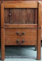 A 19th century mahogany bedside commode with galleried top over tambour door over two faux drawers