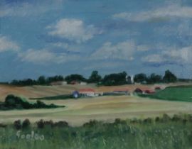 DELNY GOALEN (SCOTTISH 1932-2023)  FARMLAND, KINNESSWOOD  Oil on canvas, signed lower left, 22 x