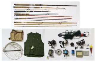 Fishing tackle, comprising reels by Abu, Sigma, Penn and others, Brady canvas bag, two landing