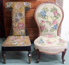 A lot comprising Victorian ebonised floral beadwork upholstered Prie dieu chair, 93cm high x 47cm