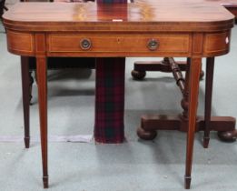 A Victorian walnut and sample wood inlaid fold-over tea table with rectangular top with rounded