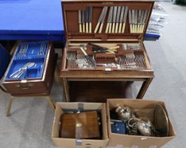 A collection of EPNS including a canteen of stainless steel cutlery, loose cutlery, tea sets, dishes