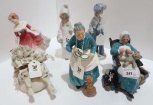 Three Royal Doulton figures inclduing Nanny and The Favourite, two Lladro figures etc Condition