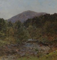ANDREW KELLOCK BROWN Woodland stream before a mountain, monogrammed, oil on canvas, 40 x 38cm