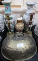 A Japanese satsuma vase, a pair of brass candlesticks, two Chinese vases and a meat cover