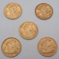 A lot comprising five half sovereign coins VICTORIA 1901 4 grams, Edward VII 1902 4 grams, Edward