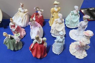 A collection of Royal Doulton and Coalport figures including Golden Age Louisa at Ascot and Georgina