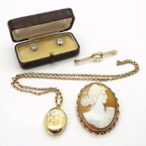 A 9ct gold locket and chain, length of locket with bail 3.5cm, length of chain 48cm, a 9ct mounted