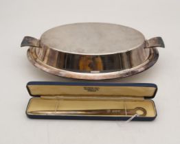 A cased silver paper knife / meat skewer, by Francis Howard, SHeffield, and an EPNS tureen,