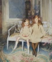 BRITISH SCHOOL two daughters seated in an interior, monogrammed, watercolour, dated 1907 56 x 45cm