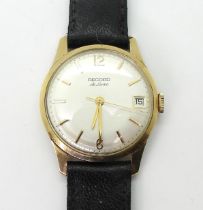 A 9ct gold Record De Luxe, gents wristwatch with black leather strap, diameter of the dial 3.3cm,