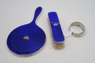 A part silver and guilloche enamel vanity set, by J W B, Birmingham, with applied crown, and a