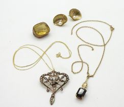 A 9ct gold pearl Edwardian pendant, a garnet pendant, a yellow metal mounted citrine brooch and a