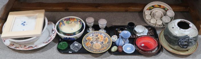 A collection of decorative ceramics including a Charlotte Rhead dish, studio pottery vase and plate,