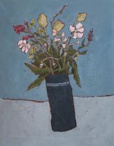 JANE HOOPER (ENGLISH b.1968), Wild flower in blue pot, oil on canvas, 73 x 60cm, signed and titled
