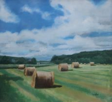 DELNY GOALEN (SCOTTISH 1932-2023)  HAY BALES ON A MEADOW  Oil on canvas, signed lower right, 80 x